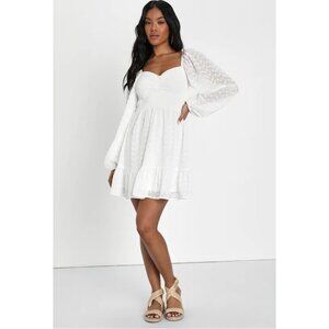 NWT Lulus Serene Soiree White Eyelet Embroidered Balloon Sleeve Mini Dress sz XX